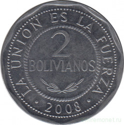 Монета. Боливия. 2 боливиано 2008 год.
