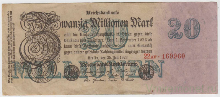 Банкнота. Германия. Веймарская республика. 20 миллионов марок 1923 год. Серийный номер - две цифры, две буквы, шесть цифр (красные,жирные).