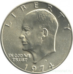 Монета. США. 1 доллар 1974 год. Монетный двор S. Серебро. В конверте, с жетоном.