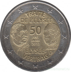 Монета. Германия. 2 евро 2013 год. 50 лет подписанию Елисейского договора (D).