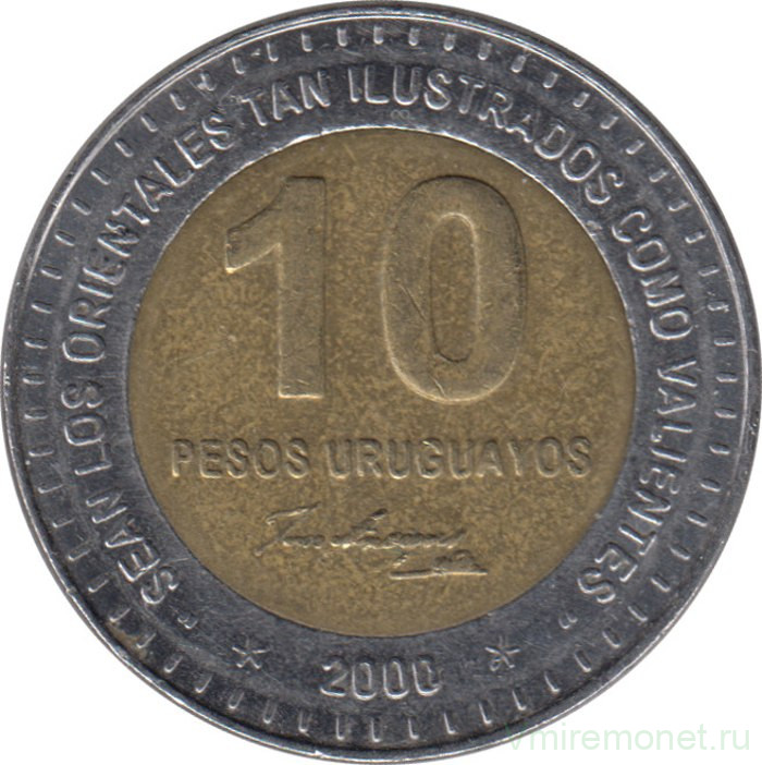 Монета. Уругвай. 10 песо 2000 год. Монетный двор - Оттава.