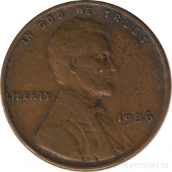 Монета. США. 1 цент 1936 год.
