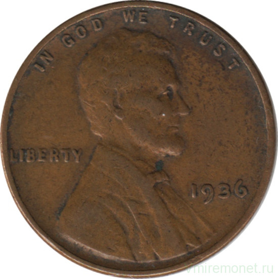 Монета. США. 1 цент 1936 год.