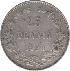 Монета. Русская Финляндия. 25 пенни 1909 год.
