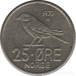Монета. Норвегия. 25 эре 1973 год.