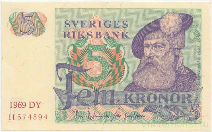 Банкнота. Швеция. 5 крон 1969 год. Тип 51а.