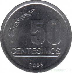 Монета. Уругвай. 50 сентесимо 2005 год.