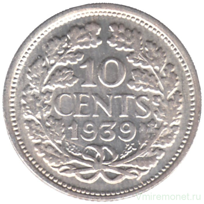 Монета. Нидерланды. 10 центов 1939 год.