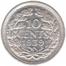 Монета. Нидерланды. 10 центов 1939 год.