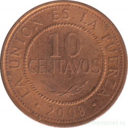 Монета. Боливия. 10 сентаво 2008 год.