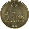 Монета. Турция. 25000 лир 2003 год. ав.