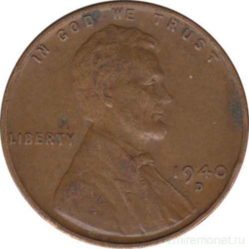 Монета. США. 1 цент 1940 год. Монетный двор D.