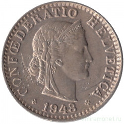 Монета. Швейцария. 20 раппенов 1943 год.