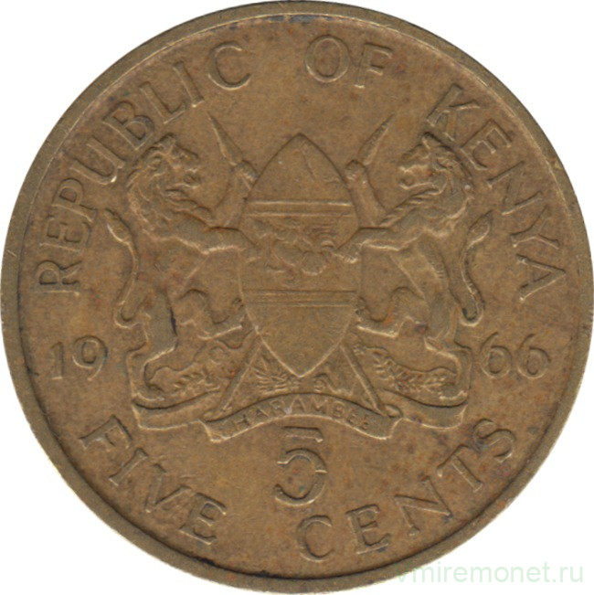 Монета. Кения. 5 центов 1966 год.