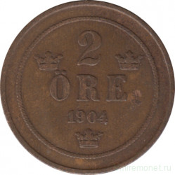 Монета. Швеция. 2 эре 1904 год.
