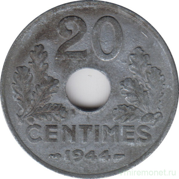 Монета. Франция. 20 сантимов 1944 год. Правительство Виши.