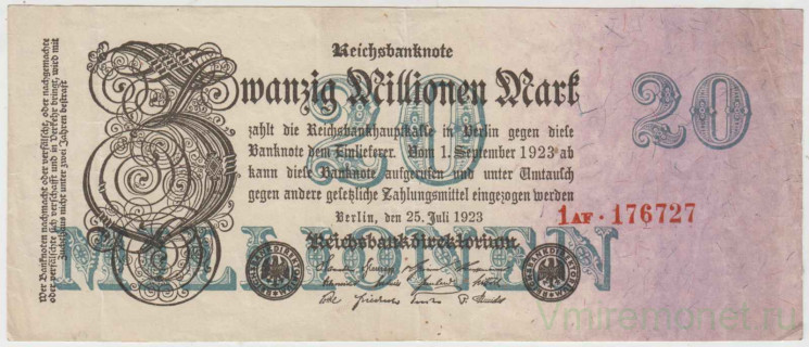 Банкнота. Германия. Веймарская республика. 20 миллионов марок 1923 год. Серийный номер - цифра, две буквы, шесть цифр (красные,жирные).