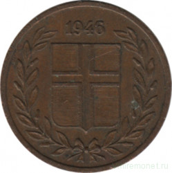 Монета. Исландия. 1 аурар 1946 год.