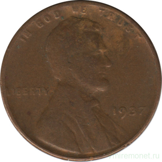 Монета. США. 1 цент 1937 год.