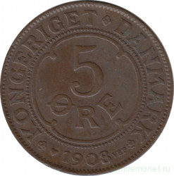 Монета. Дания. 5 эре 1908 год.