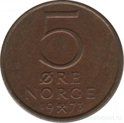 Монета. Норвегия. 5 эре 1973 год (новый тип).