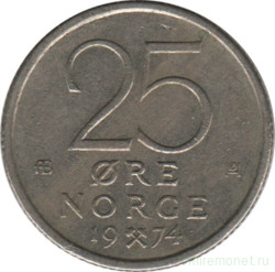 Монета. Норвегия. 25 эре 1974 год.
