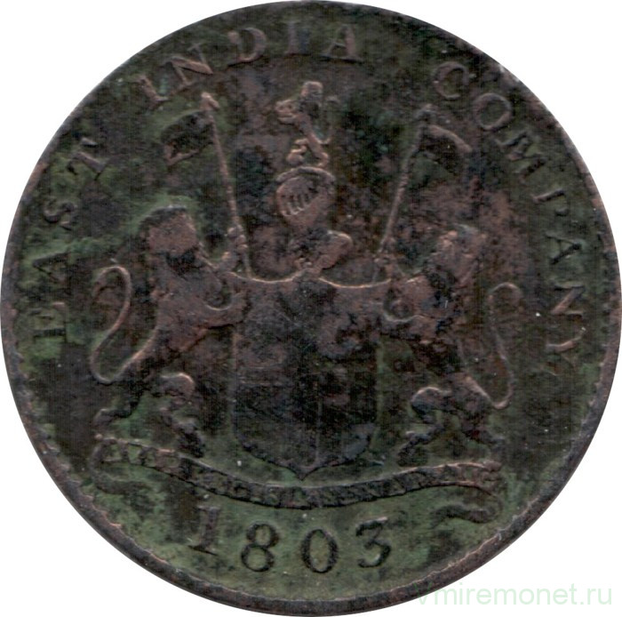 Монета. Британская Индия. Мадрас. 5 кэш 1803 год.