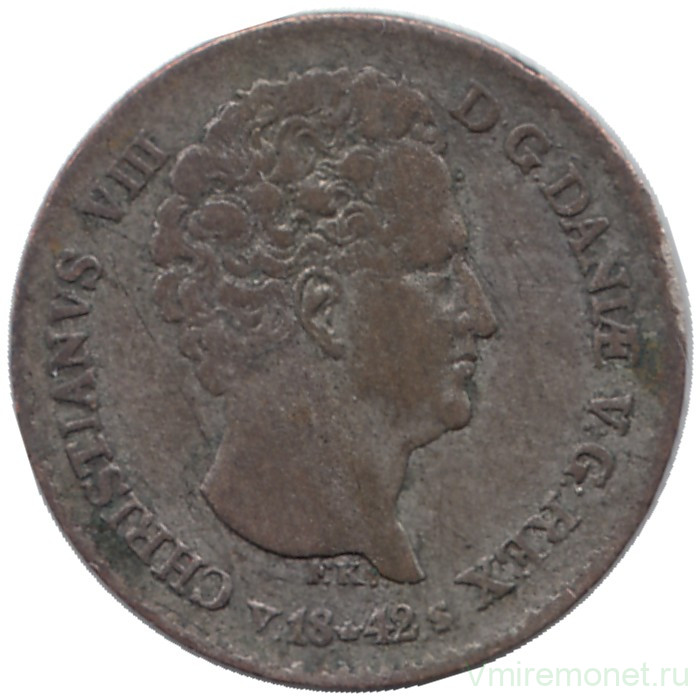 Монета. Дания. 4 ригсбанкскиллинга 1842 год. 