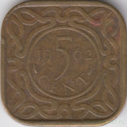 Монета. Суринам. 5 центов 1962 год.