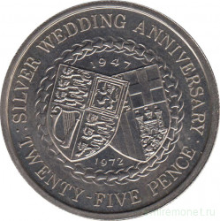 Монета. Великобритания. Остров Мэн. 25 пенсов 1972 год. 25 лет свадьбе Королевы Елизаветы II и Принца Филиппа.