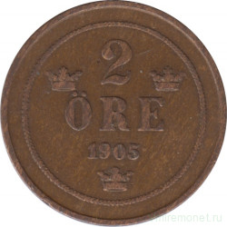 Монета. Швеция. 2 эре 1905 год.