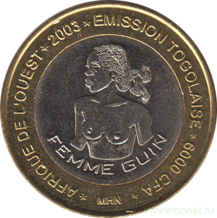 Монета. Того. 6000 франков 2003 год. Гвинейская женщина.