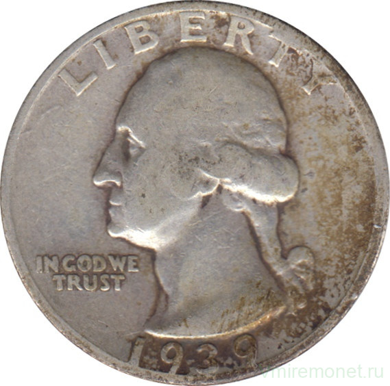 Монета. США. 25 центов 1939 год. Монетный двор S.