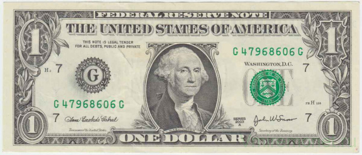 Банкнота. США. 1 доллар 2003 год. Серия G. Тип 515b.