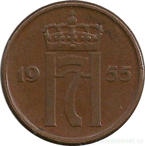 Монета. Норвегия. 2 эре 1955 год.