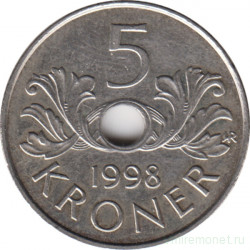 Монета. Норвегия. 5 крон 1998 год.
