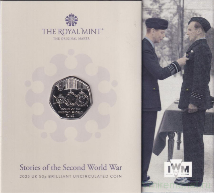 Монета. Великобритания. 50 пенсов 2025 год. Истории о Второй мировой войне. В буклете.