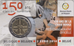 Монета. Бельгия. 2 евро 2014 год. 150 лет бельгийскому Красному кресту. Блистер, коинкарта.