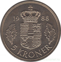 Монета. Дания. 5 крон 1988 год.