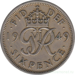 Монета. Великобритания. 6 пенсов 1949 год.
