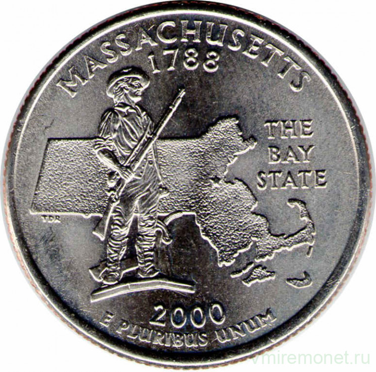 Монета. США. 25 центов 2000 год. Штат № 6 Массачусетс. Монетный двор D.
