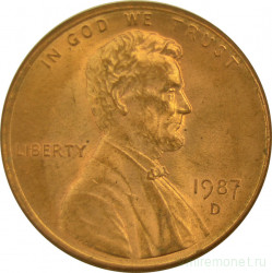 Монета. США. 1 цент 1987 год. Монетный двор D.