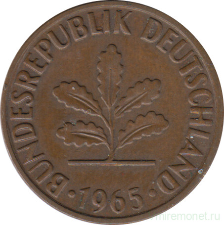 Монета. ФРГ. 2 пфеннига 1965 год. Монетный двор - Штутгарт (F).