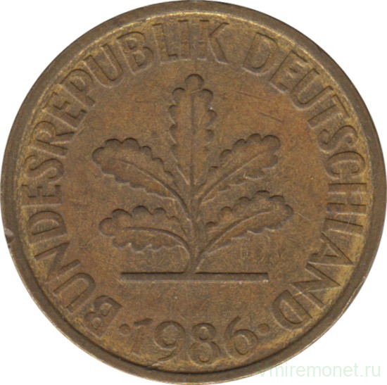 Монета. ФРГ. 10 пфеннигов 1986 год. Монетный двор - Штутгарт (F).