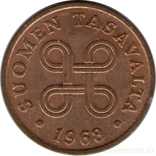 Монета. Финляндия. 1 пенни 1968 год.