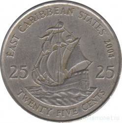 Монета. Восточные Карибские государства. 25 центов 2004 год.