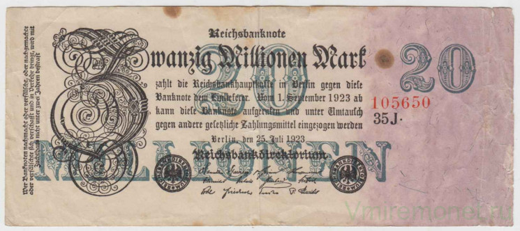 Банкнота. Германия. Веймарская республика. 20 миллионов марок 1923 год. Серийный номер - две цифры, буква (чёрные), шесть цифр (красные).