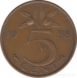 Монета. Нидерланды. 5 центов 1958 год.