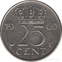Монета. Нидерланды. 25 центов 1969 год. Петух.