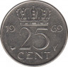 Монета. Нидерланды. 25 центов 1969 год. Петух. ав.